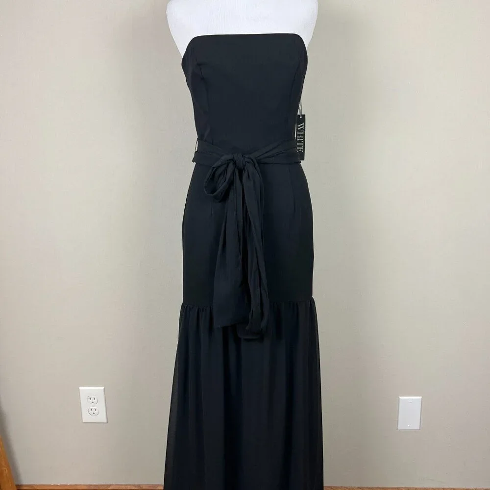 White Vera Wang Dress Womens 8 Black Crinkle Chiffon‎ Trumpet Hem Strapless Gown